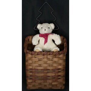 Vintage Christmas Woven Basket & White Plush Teddy Bear 1990s